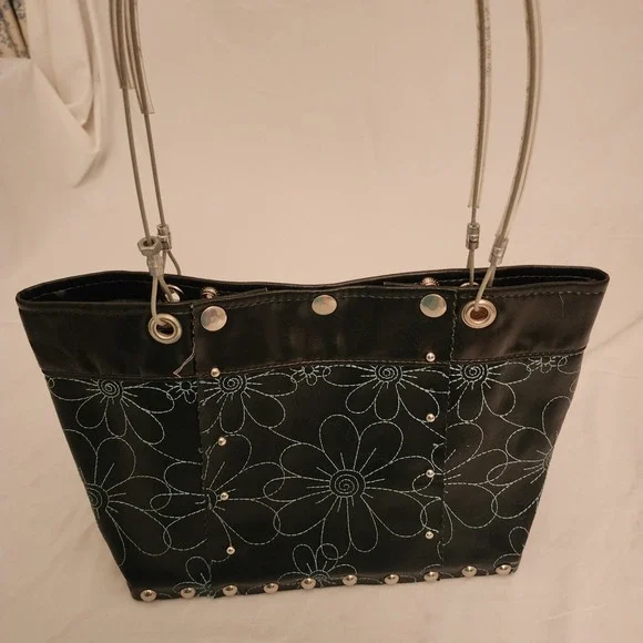 Hardwear By Renee Shoulder Tote Bag Upcycled Wood Rivets Cables Leather Floral - Picture 4 of 11